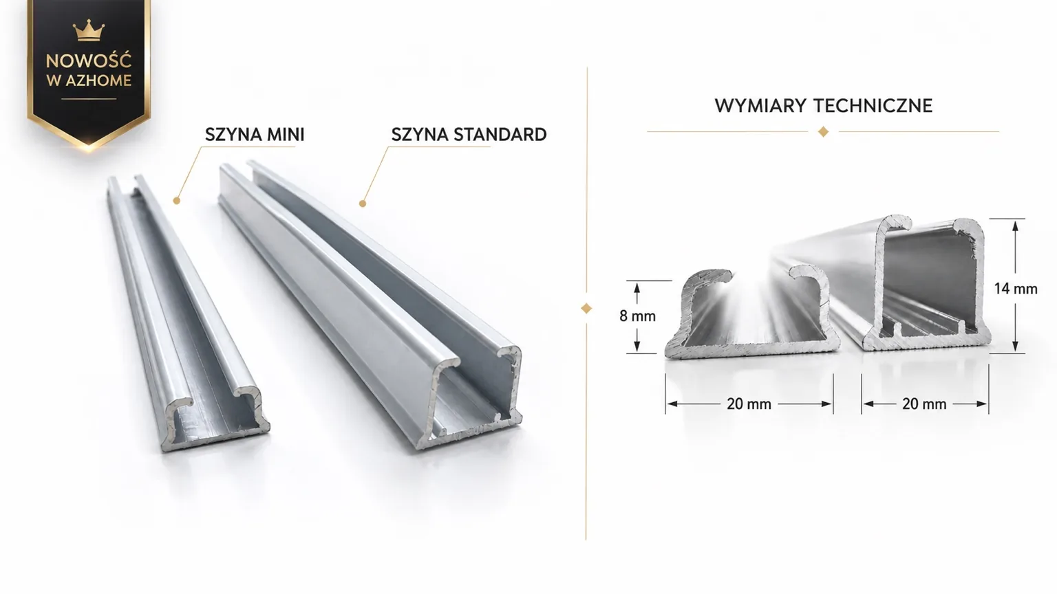 Porównanie aluminiowej szyny sufitowej MINI i standardowej szyny sufitowej — wymiary techniczne